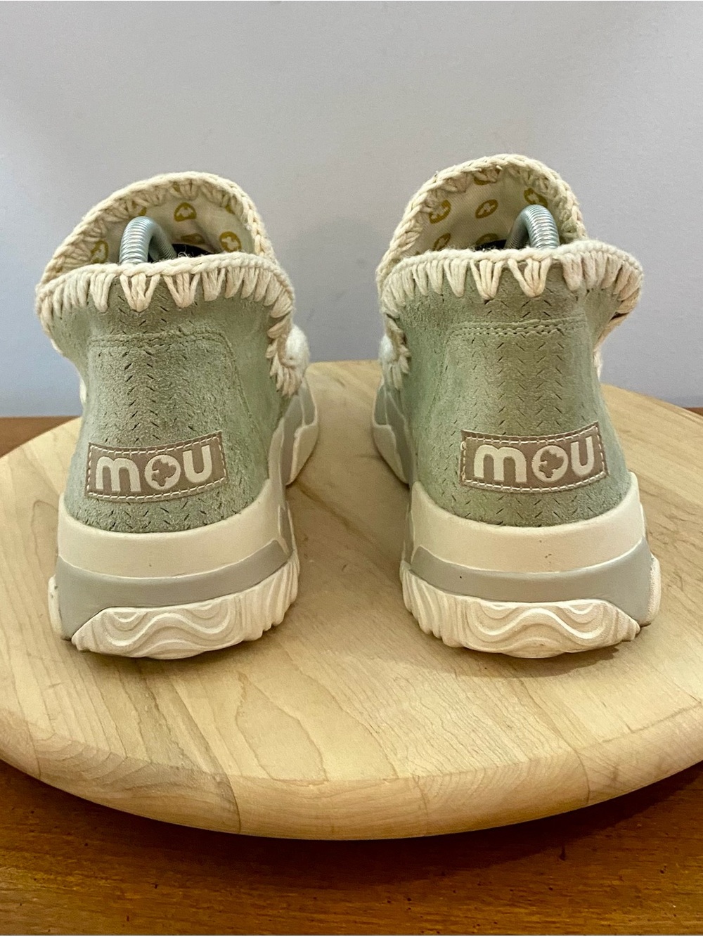 Mou Eskimo Sneaker Boots Sage Green Sheepskin Wool Crochet Stitching Womens US 9 - Picture 4 of 11
